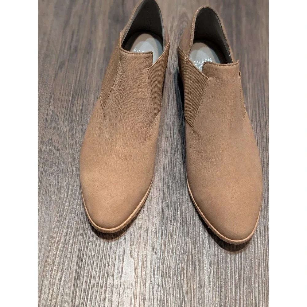 Eileen Fisher Perry Leather Ankle Booties Side Elastic‎ Heel Tan Size 8.5